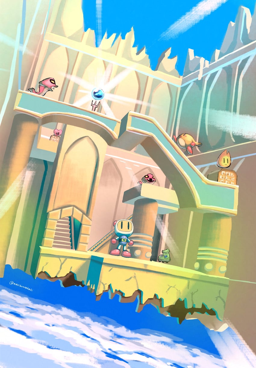 white bomberman and pommy (bomberman and 1 more) drawn by maribou_(supermaribou)