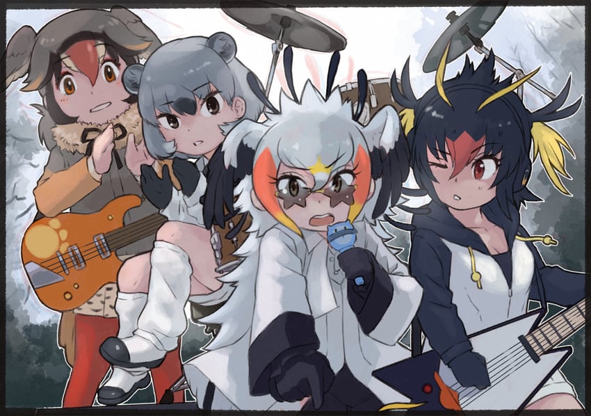 lucky beast, rockhopper penguin, secretarybird, rock hyrax, and chukar partridge (kemono friends) drawn by toriny