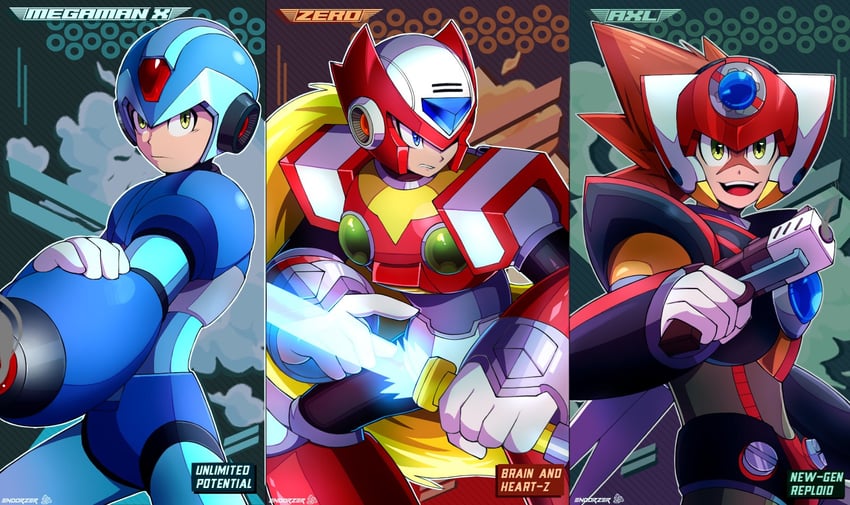 zero, x, and axl (mega man and 1 more) drawn by en_dorzer