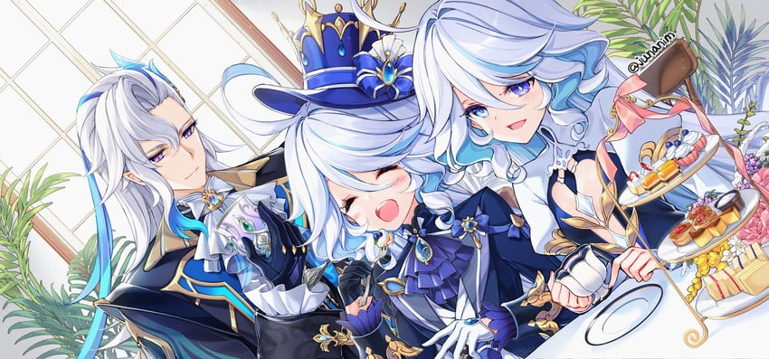 furina, neuvillette, and focalors (genshin impact) drawn by juna