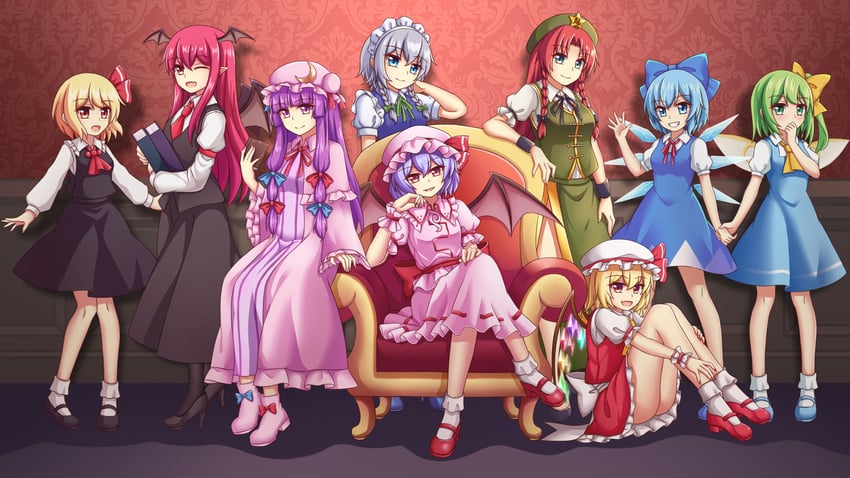 remilia scarlet, flandre scarlet, izayoi sakuya, cirno, patchouli knowledge, and 4 more (touhou and 1 more) drawn by piaoluo_de_ying_huaban