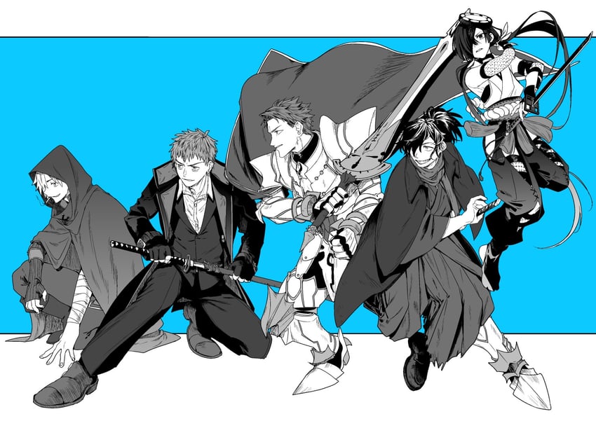 okada izou, lancelot, saitou hajime, robin hood, and mochizuki chiyome (fate and 1 more) drawn by noz_2to