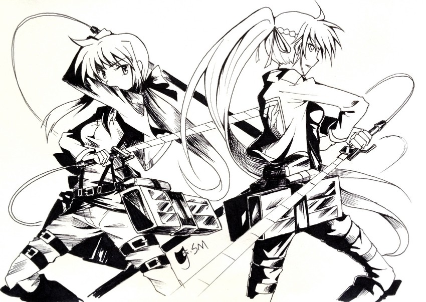 fate testarossa, mikasa ackerman, and signum (lyrical nanoha and 2 more) drawn by shumai_(sm318)