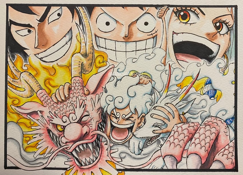 monkey d. luffy, yamato, and kouzuki momonosuke (one piece) drawn by daichan_op