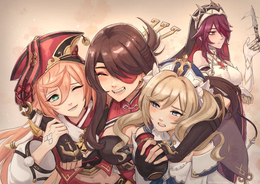 barbara, yanfei, beidou, and rosaria (genshin impact) drawn by anhmaruwu