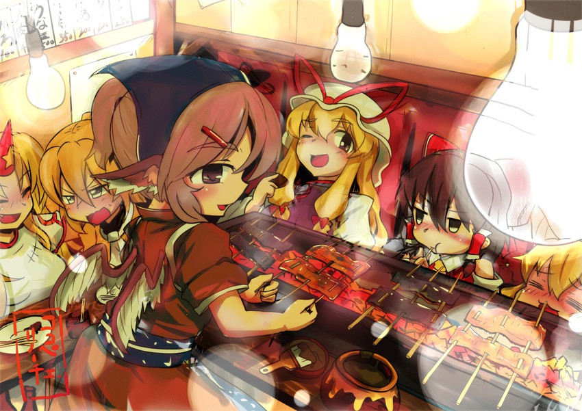 hakurei reimu, kirisame marisa, yakumo yukari, mystia lorelei, ibuki suika, and 3 more (touhou) drawn by kokoperiiche