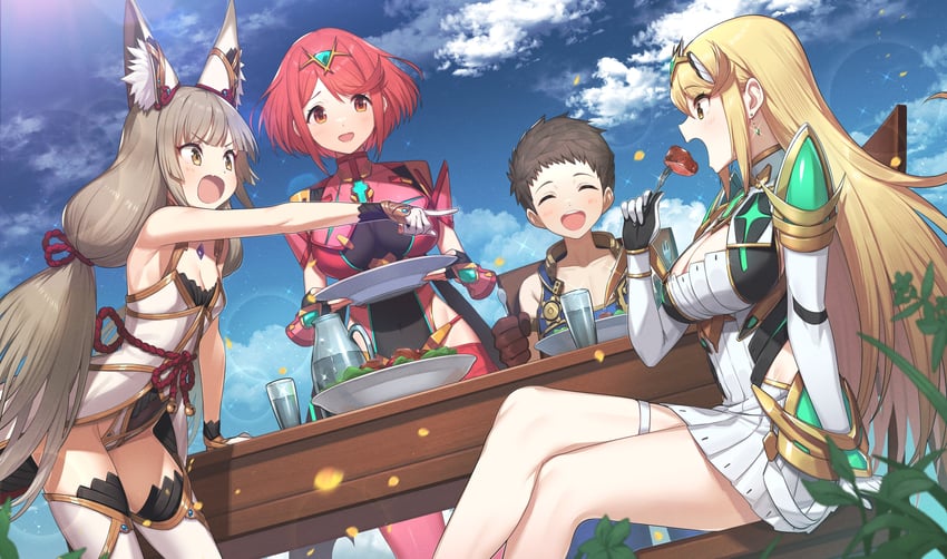 pyra, mythra, rex, and nia (xenoblade chronicles and 1 more) drawn by green322