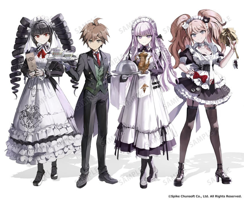 kirigiri kyoko, enoshima junko, monokuma, naegi makoto, and celestia ludenberg (danganronpa and 1 more) drawn by wata_(attaka_towel)