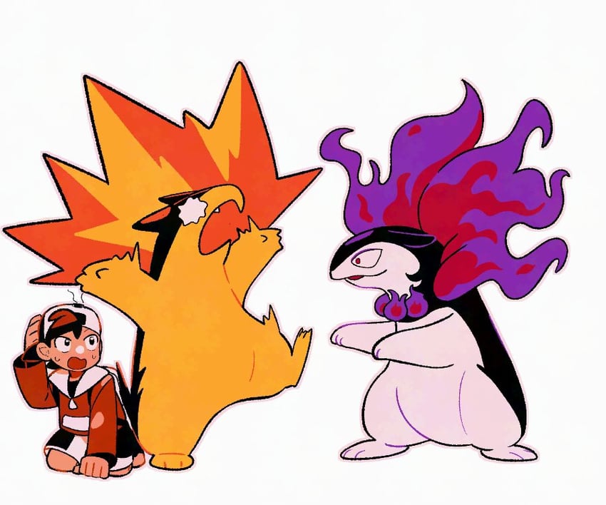 ethan, typhlosion, and hisuian typhlosion (pokemon and 1 more) drawn by tyako_089