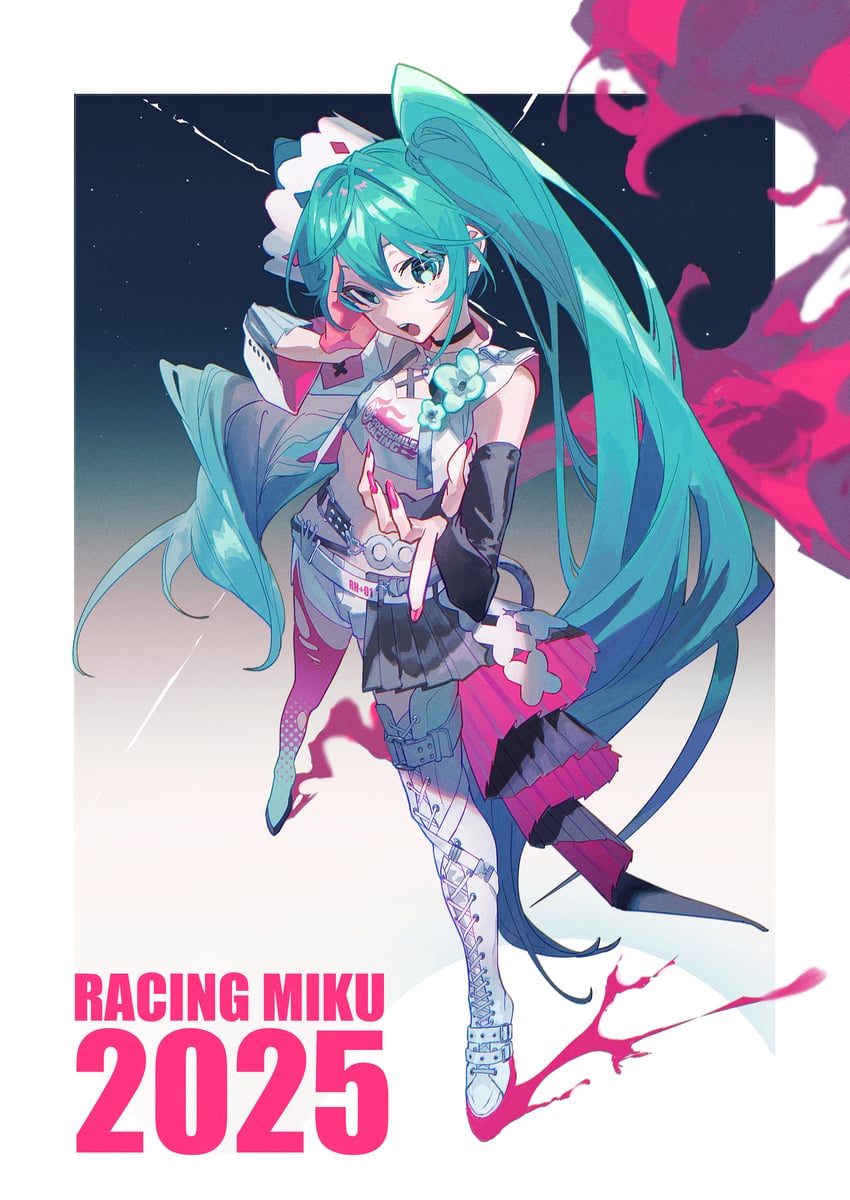 hatsune miku and racing miku (vocaloid and 1 more) drawn by 6o2_(rokumaruni)