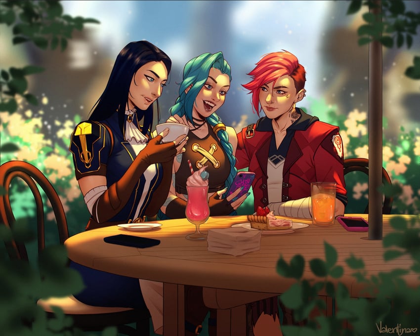 jinx, vi, caitlyn, arcane jinx, arcane vi, and 1 more (league of legends and 1 more) drawn by valentina_tavolilla