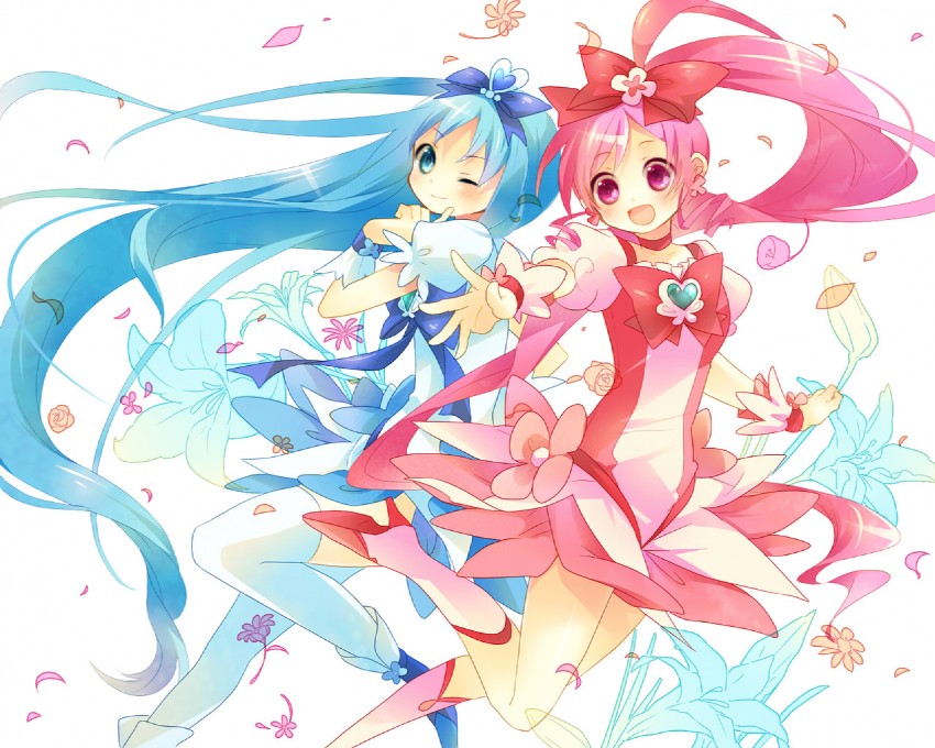 kurumi erika, hanasaki tsubomi, cure marine, and cure blossom (precure and 1 more) drawn by yamiya_(8_18dlq)