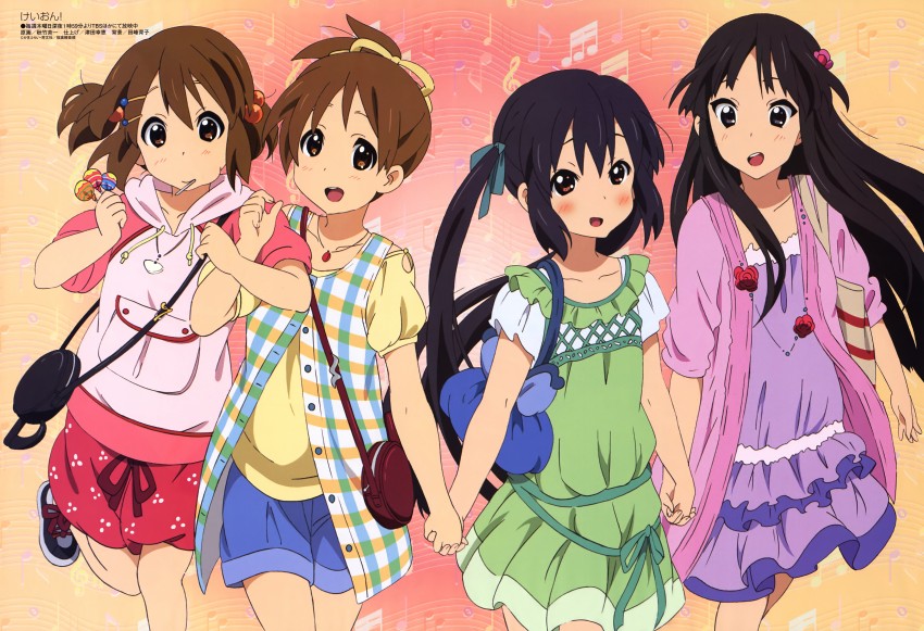 akiyama mio, nakano azusa, hirasawa yui, and hirasawa ui (k-on! and 1 more) drawn by akitake_seiichi