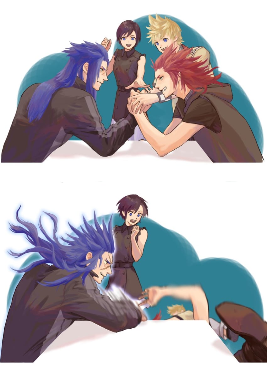 roxas, xion, axel, and saix (kingdom hearts and 1 more) drawn by mukashino
