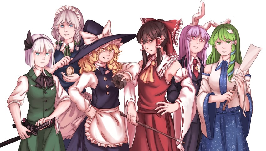 hakurei reimu, kirisame marisa, izayoi sakuya, kochiya sanae, konpaku youmu, and 1 more (touhou) drawn by mefomefo