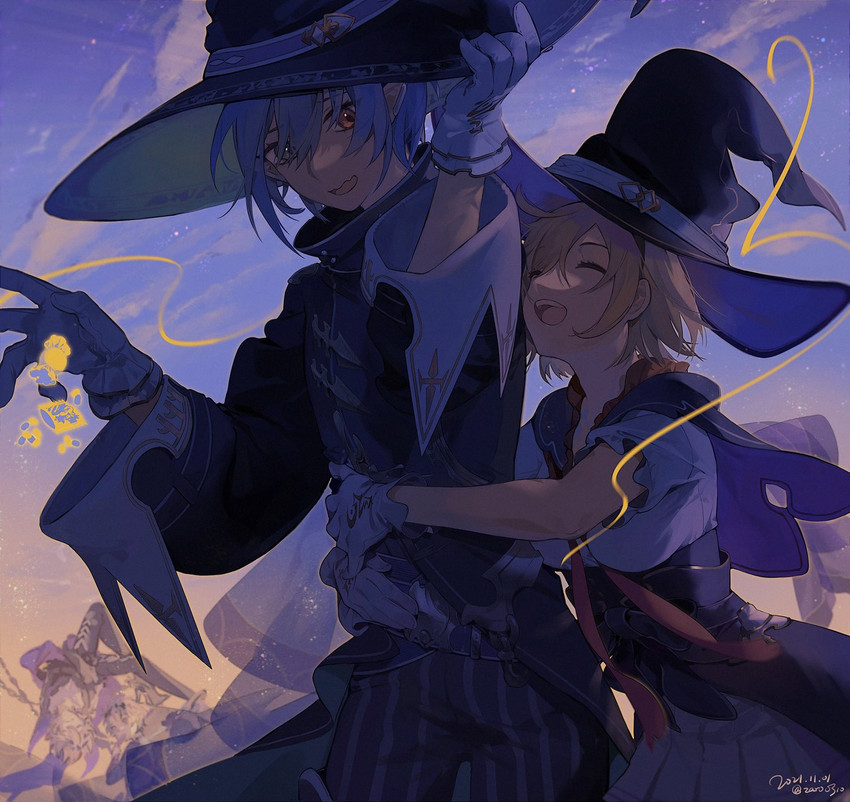 djeeta, warlock, grimnir, caim, and the hanged man (granblue fantasy) drawn by zaro