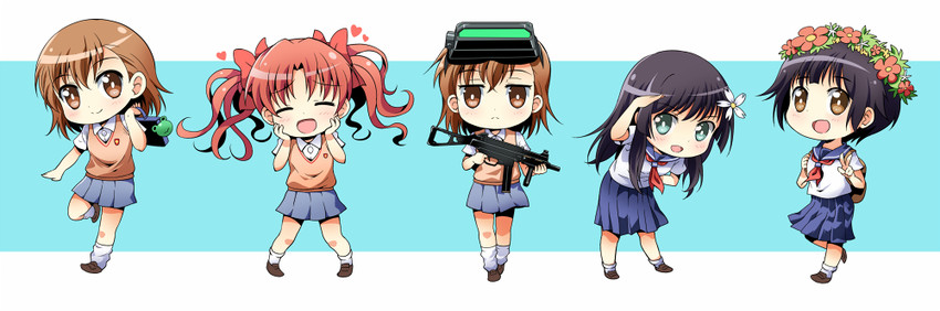 misaka mikoto, shirai kuroko, saten ruiko, uiharu kazari, gekota, and 1 more (toaru majutsu no index and 1 more) drawn by nadra