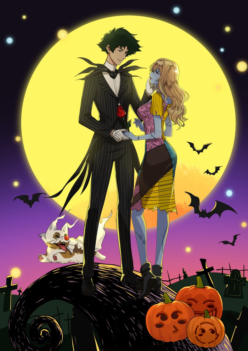 spike spiegel, ein, jack skellington, julia, and sally (cowboy bebop and 1 more) drawn by nyaco33