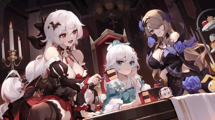theresa apocalypse, rita rossweisse, homu, and zhuge kongming (honkai and 1 more) drawn by asc11