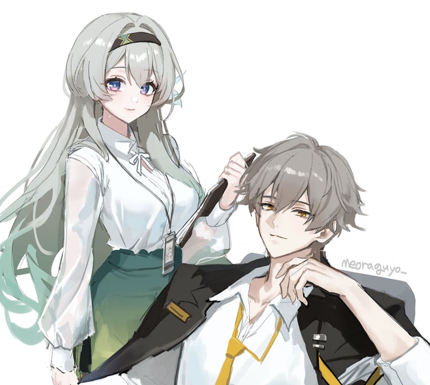 trailblazer, firefly, and caelus (honkai and 1 more) drawn by meoyo