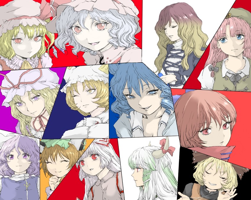 remilia scarlet, flandre scarlet, yakumo yukari, fujiwara no mokou, hong meiling, and 9 more (touhou) drawn by matsushiro_sasaka