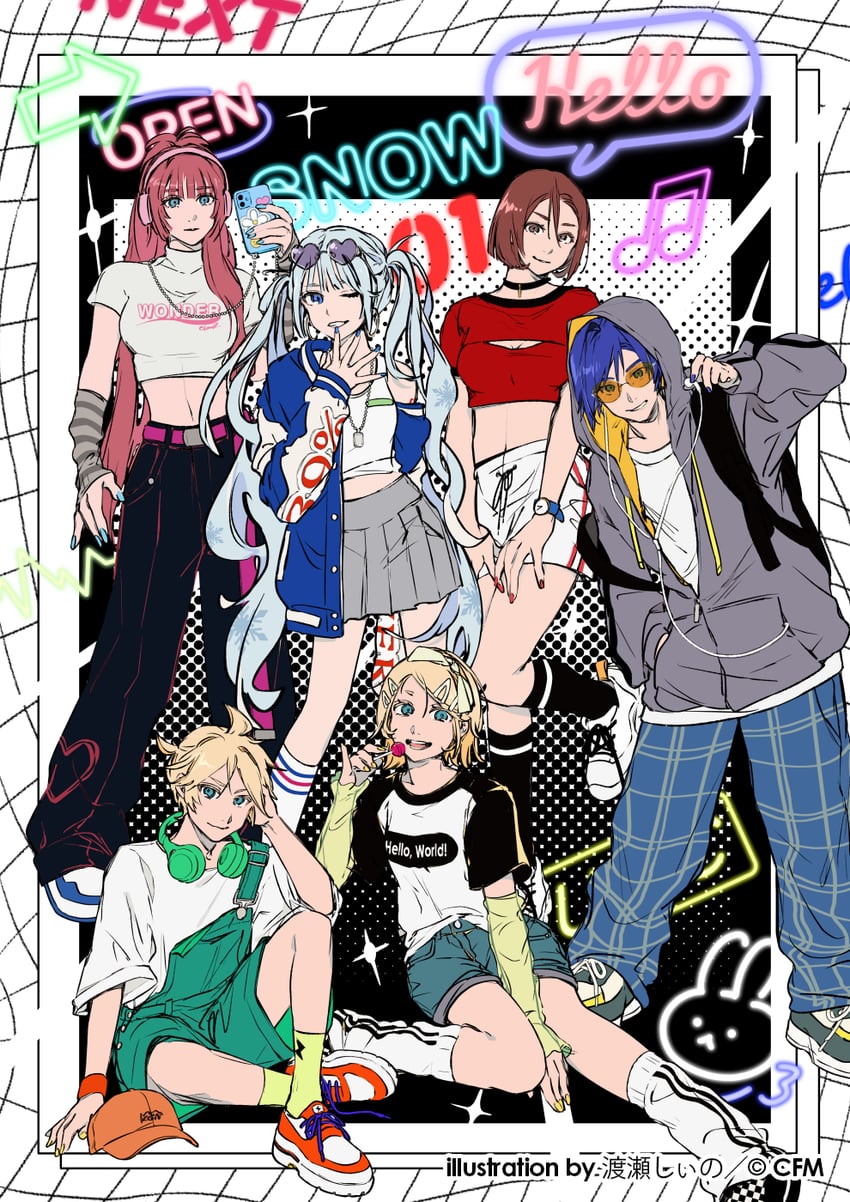 hatsune miku, kagamine rin, kagamine len, megurine luka, kaito, and 2 more (vocaloid) drawn by non7