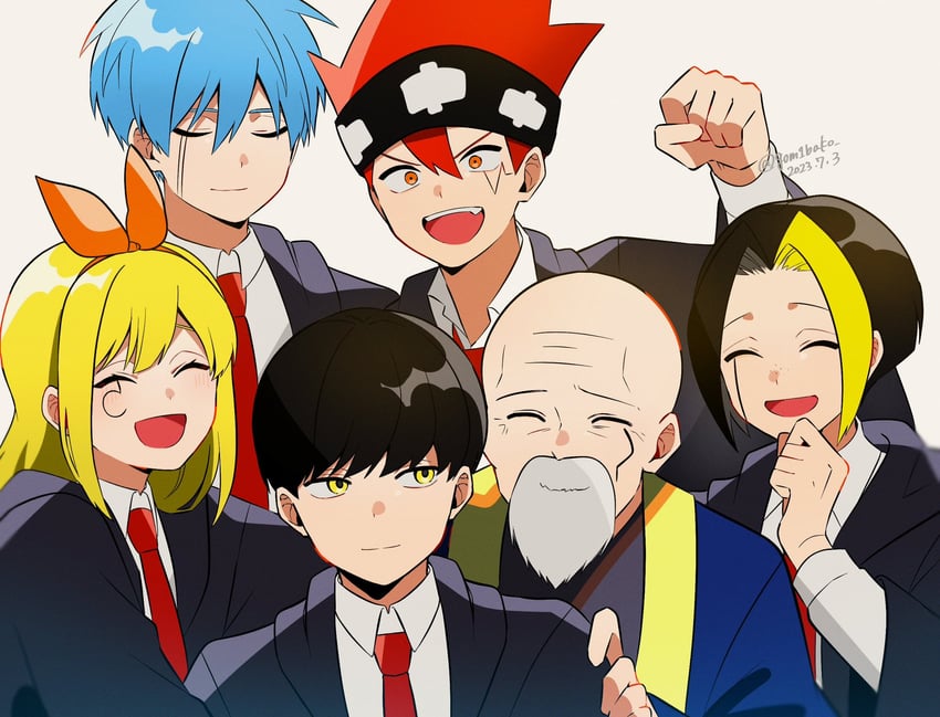 mash burnedead, finn ames, lance crown, lemon irvine, daut barret, and 1 more (mashle) drawn by genjitsu_o_miro