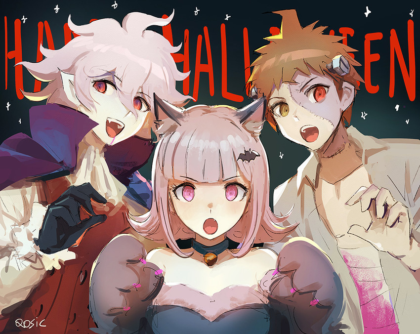 nanami chiaki, komaeda nagito, hinata hajime, and frankenstein's monster (danganronpa and 1 more) drawn by qosic