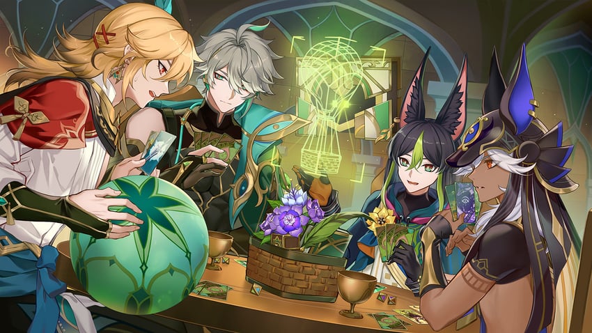 alhaitham, tighnari, kaveh, and cyno (genshin impact) drawn by darkavey