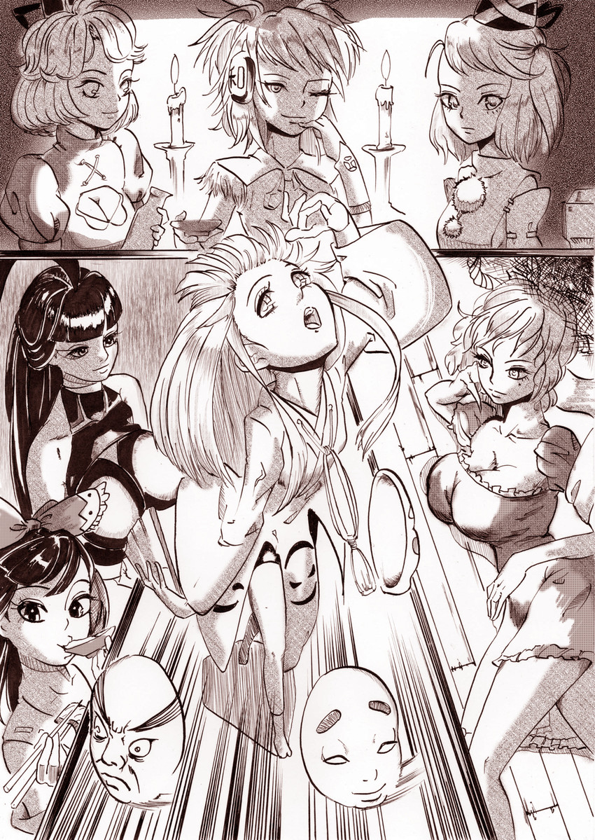 hakurei reimu, toyosatomimi no miko, mononobe no futo, kaku seiga, hata no kokoro, and 2 more (original and 2 more) drawn by azibuda