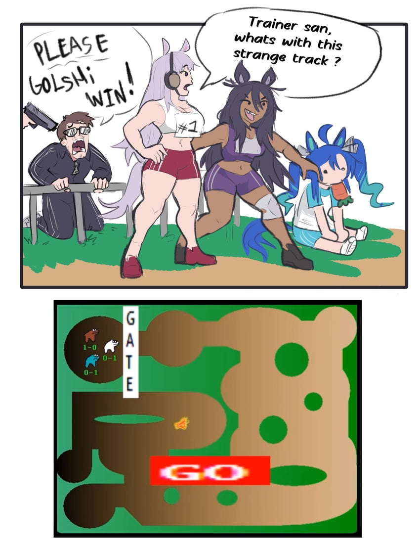 trainer, gold ship, twin turbo, and hishi amazon (umamusume and 1 more) drawn by japvs