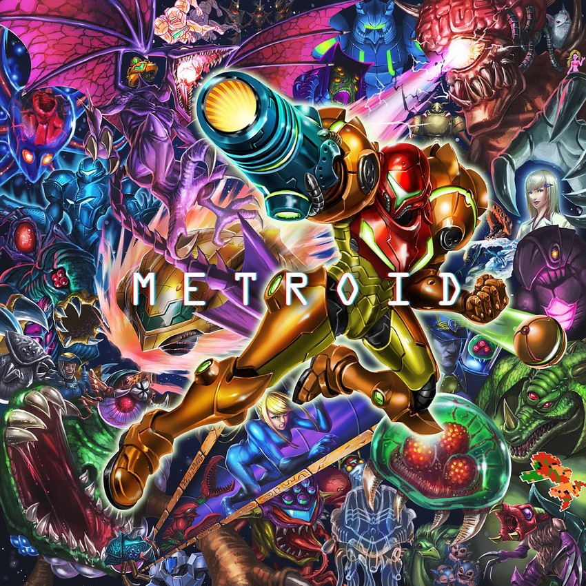samus aran, metroid, metroid larva, ridley, dark samus, and 29 more (mario and 13 more) drawn by yasukuni_kazumasa