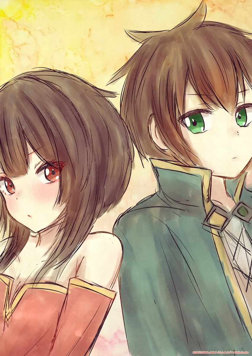 megumin and satou kazuma (kono subarashii sekai ni shukufuku wo!) drawn by seikacopiyo