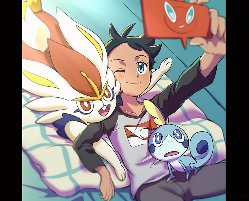 rotom, rotom phone, sobble, goh, and cinderace (pokemon and 1 more) drawn by matsuno_opa