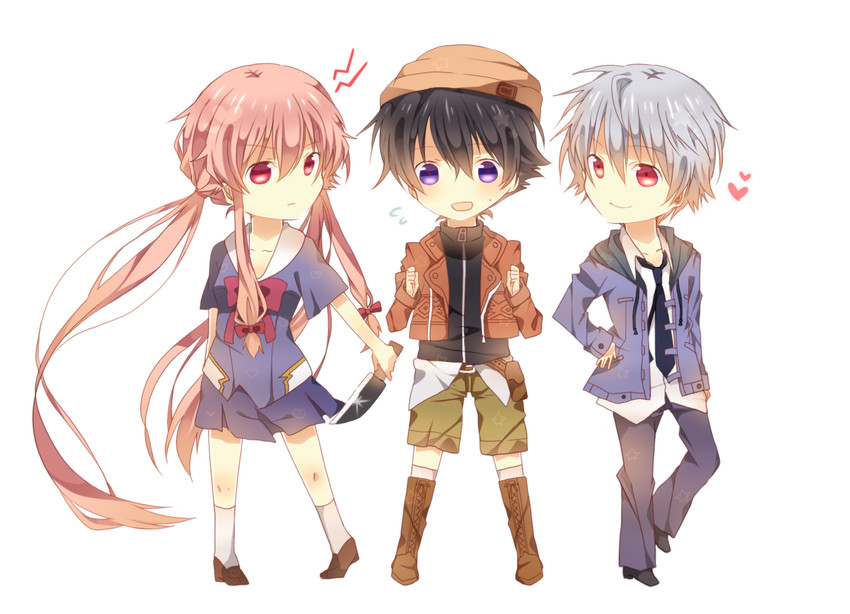 gasai yuno, amano yukiteru, and akise aru (mirai nikki) drawn by nishinomiya_saku