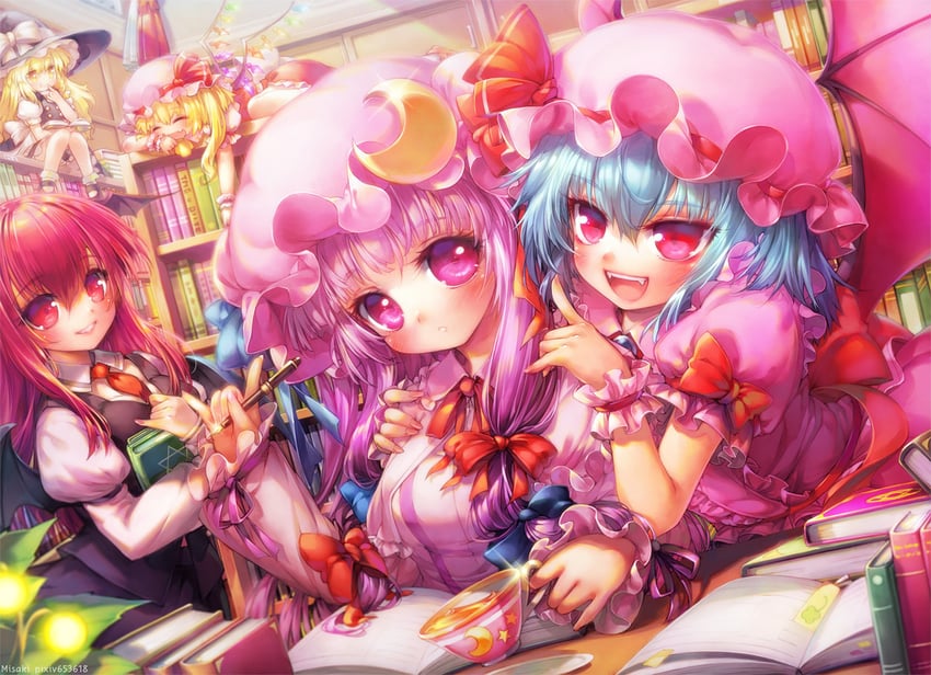 kirisame marisa, remilia scarlet, flandre scarlet, patchouli knowledge, and koakuma (touhou) drawn by misaki_(kyal_001)