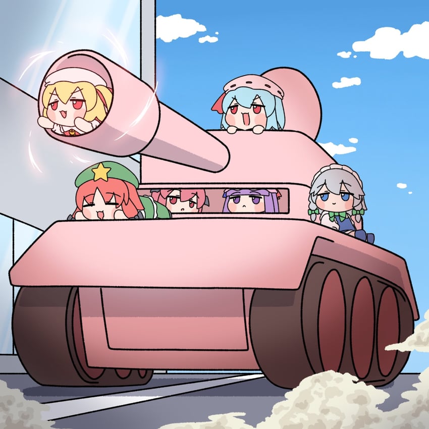 remilia scarlet, flandre scarlet, izayoi sakuya, patchouli knowledge, hong meiling, and 2 more (touhou and 1 more) drawn by y75zei
