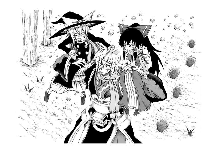 hakurei reimu, kirisame marisa, and morichika rinnosuke (touhou) drawn by hidefu_kitayan