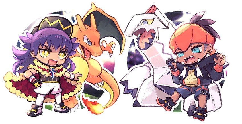 leon, raihan, charizard, and duraludon (pokemon and 1 more) drawn by rakugakutari