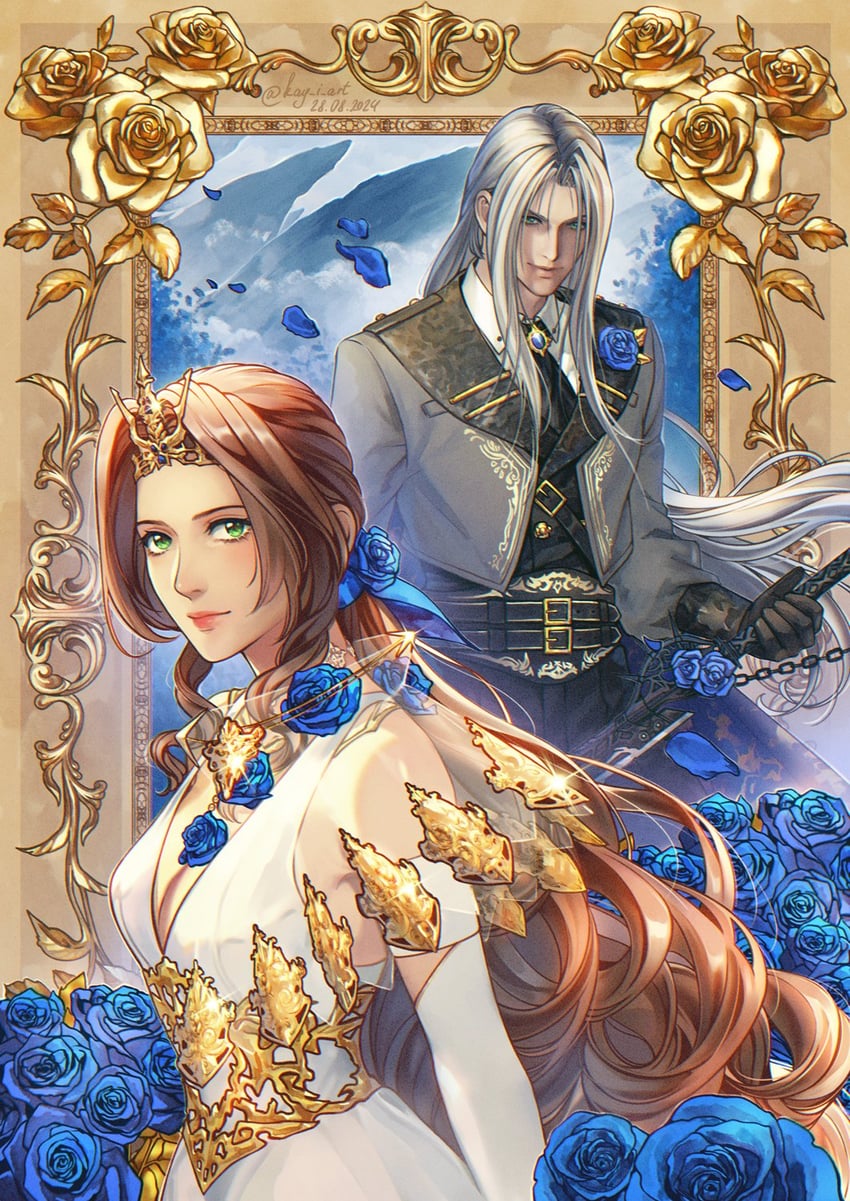 aerith gainsborough and sephiroth (final fantasy and 2 more) drawn by kay-i