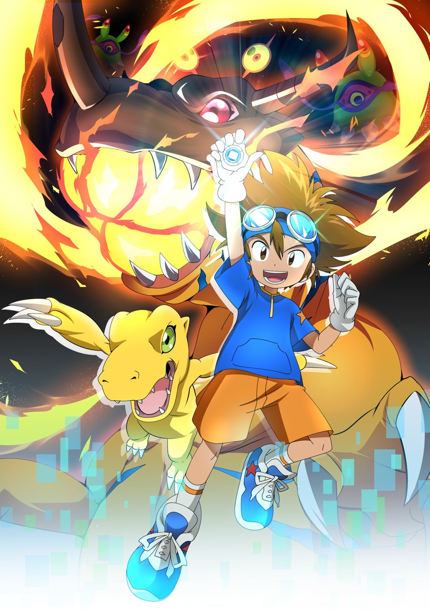 yagami taichi, agumon, greymon, algomon, and algomon baby ii (digimon and 1 more) drawn by newpinko