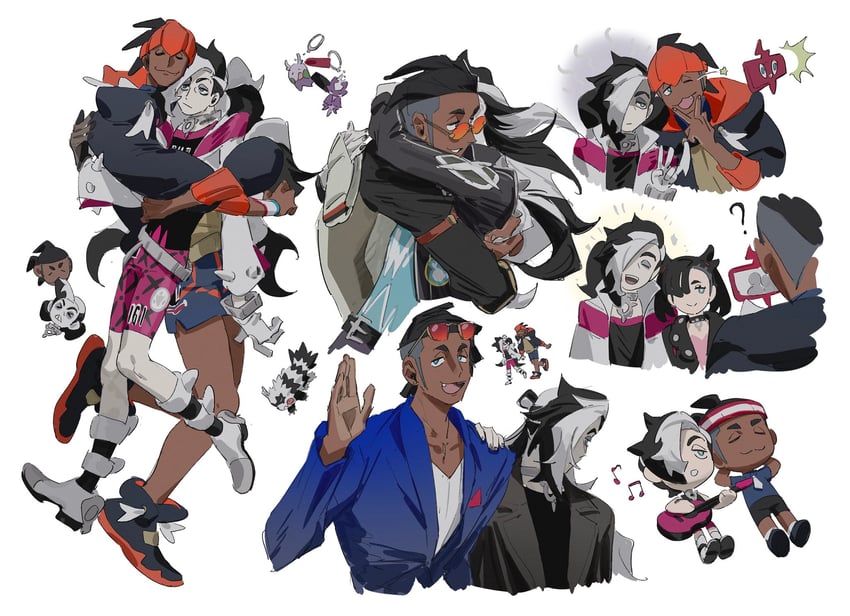 marnie, raihan, rotom, rotom phone, piers, and 2 more (pokemon and 1 more) drawn by molymes
