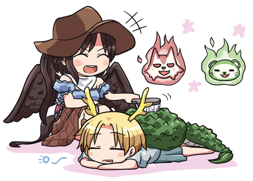 kicchou yachie, kurokoma saki, otter spirit, and wolf spirit (touhou) drawn by rokugou_daisuke