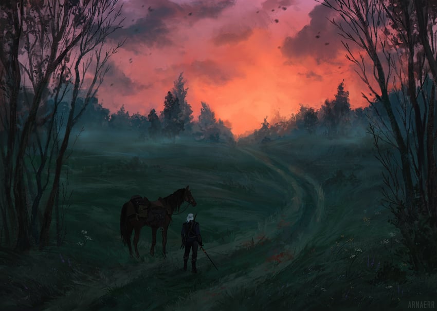 geralt of rivia and roach (the witcher and 1 more) drawn by arnaerr
