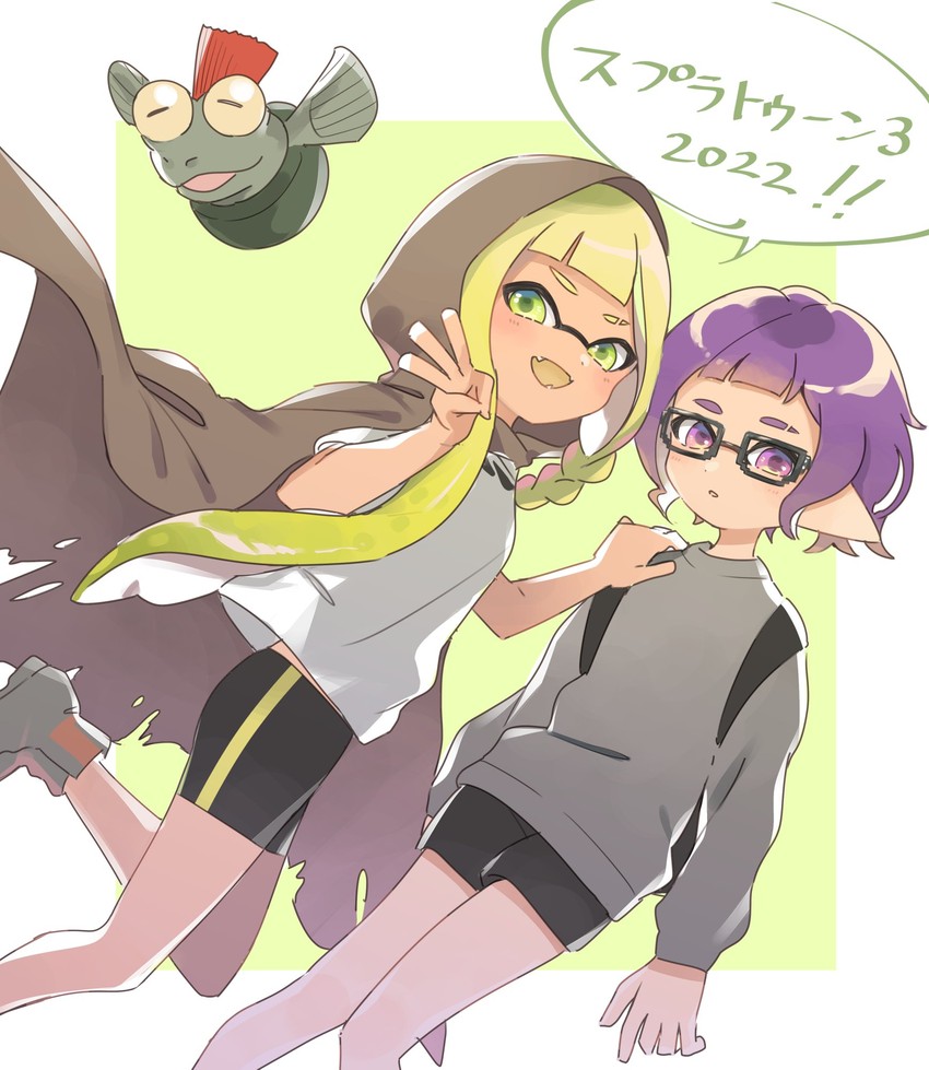 inkling player character, inkling girl, inkling boy, smallfry, veronika, and 1 more (splatoon and 1 more) drawn by takeko_spla