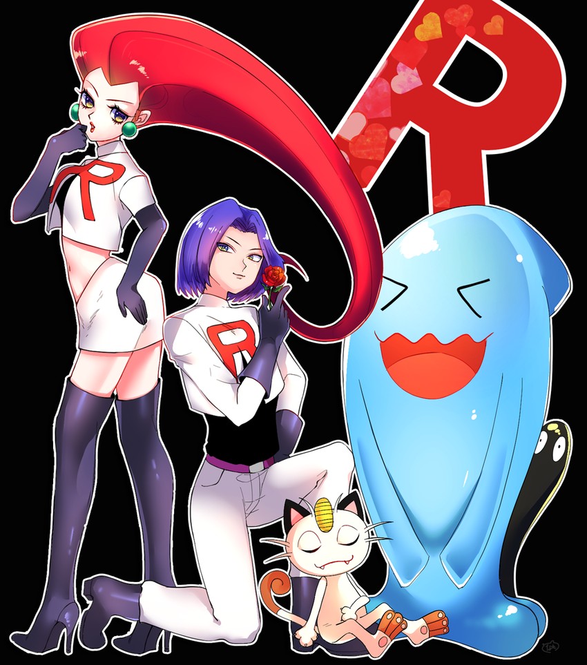 jessie, james, meowth, and wobbuffet (pokemon) drawn by nomaru