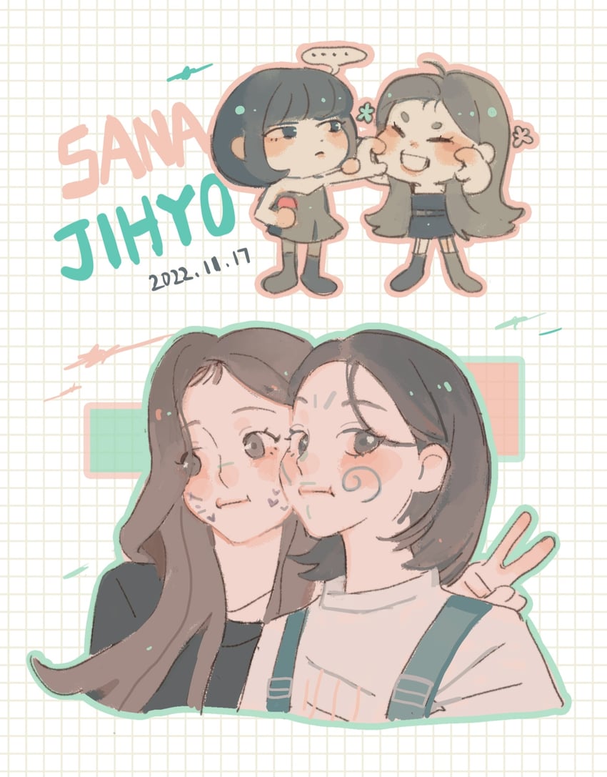 sana and jihyo (real life and 1 more) drawn by qiao_nan_1028_hao