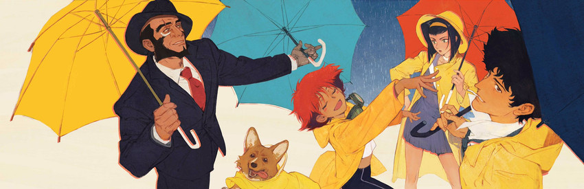 faye valentine, spike spiegel, edward wong hau pepelu tivrusky iv, ein, and jet black (cowboy bebop and 1 more) drawn by creamyghost