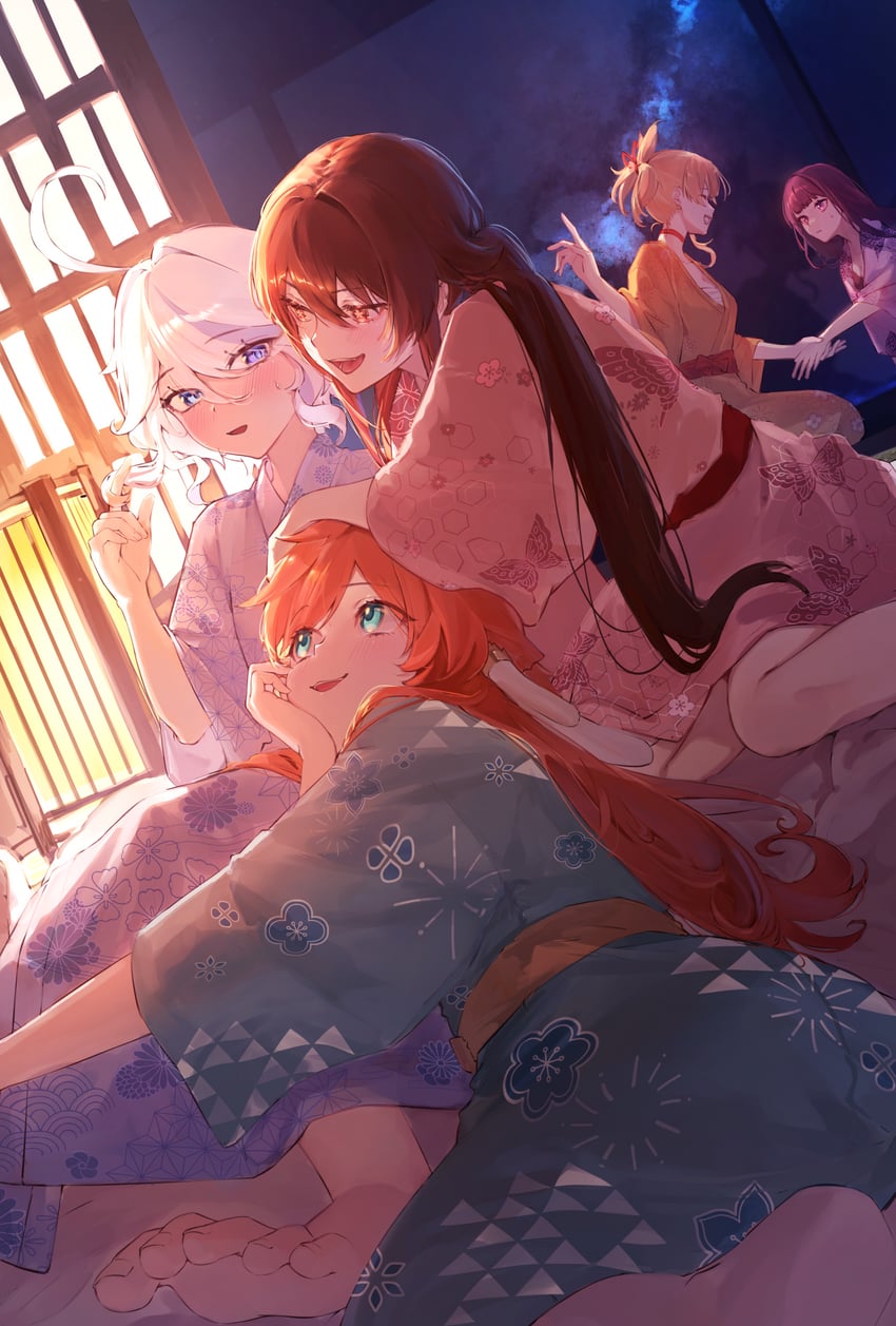 raiden shogun, hu tao, furina, yoimiya, and yanfei (genshin impact) drawn by imasaki_kei