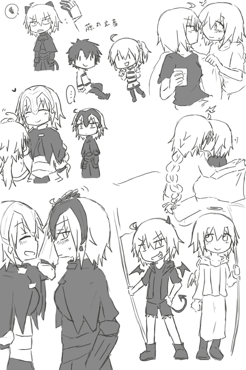 fujimaru ritsuka, jeanne d'arc alter, jeanne d'arc, and jeanne d'arc alter santa lily (fate and 1 more) drawn by the_iizumi
